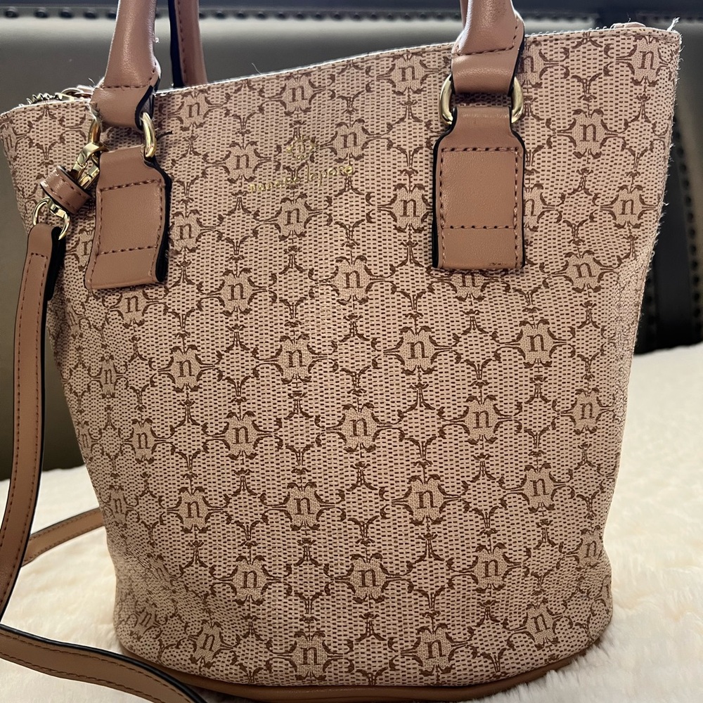 Nanette Lepore Bucket Bag Satchel Crossbody Tote Brown Logo Print Purse